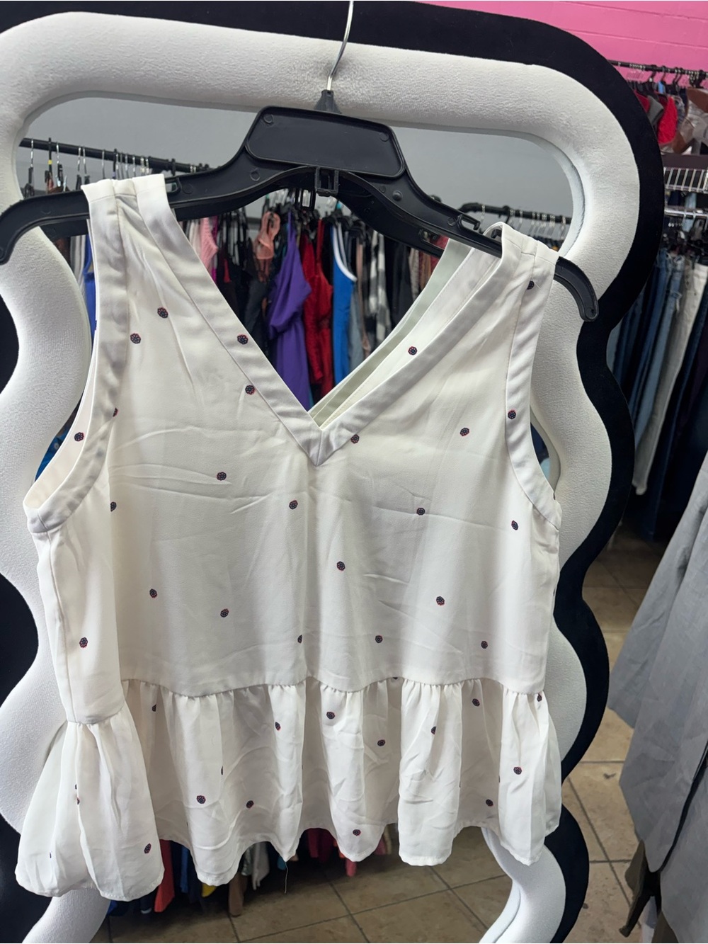 LOFT Cream V-Neck Peplum Tank with Purple Polka Dots